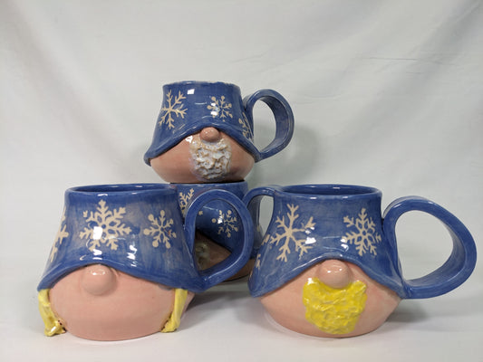 Handmade Ceramic Winter Gnome Mug with Snowflakes – Handmade Winter Gnome Mug