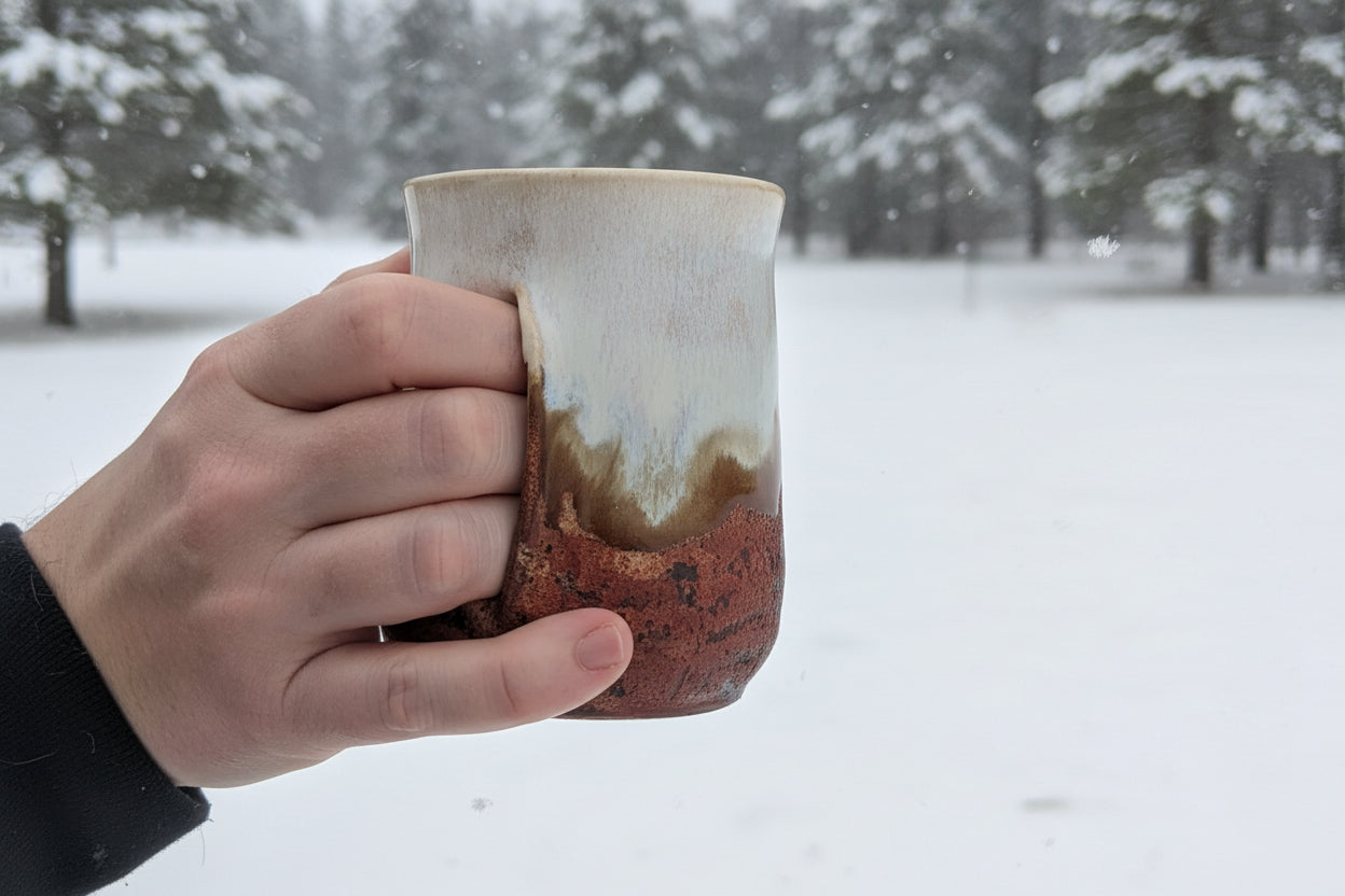 Rustikk håndtaksløs keramisk kopp med tommelstøtte