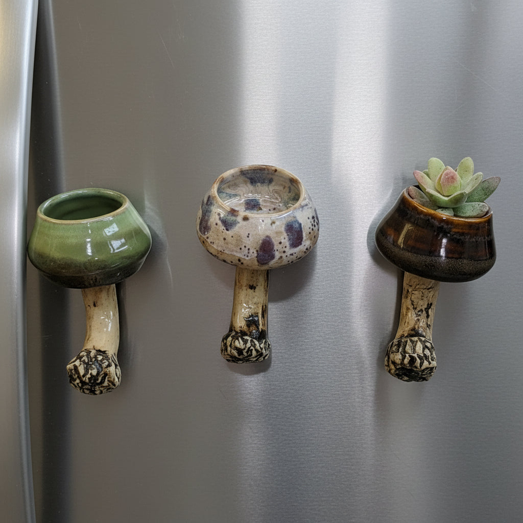 Handmade ceramic mushroom magnet with mini plant holder – Mushroom magnet succulent holder