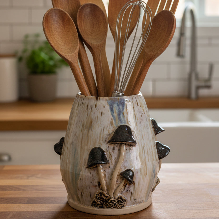 Skulpturell håndlaget keramisk vase med soppmotiv – Handmade Ceramic Mushroom Vase