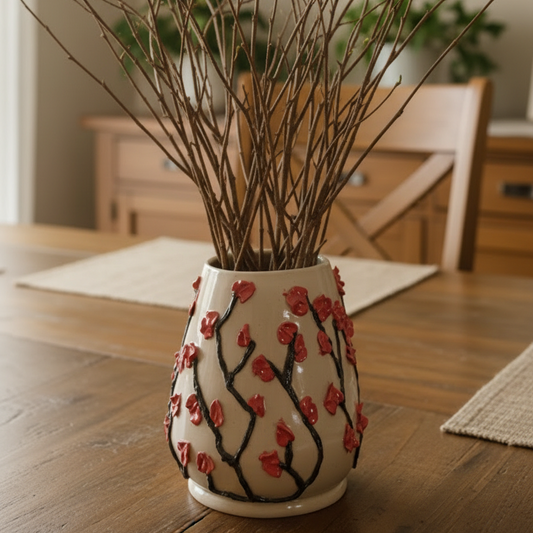 Skulpturell håndlaget keramisk vase med kirsebærblomster – Cherry Blossom Ceramic V