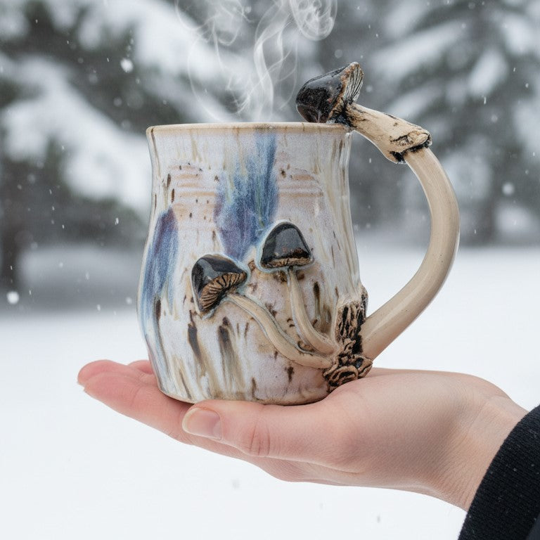 Håndlaget keramisk soppkrus