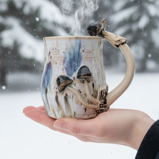 Håndlaget keramisk soppkrus